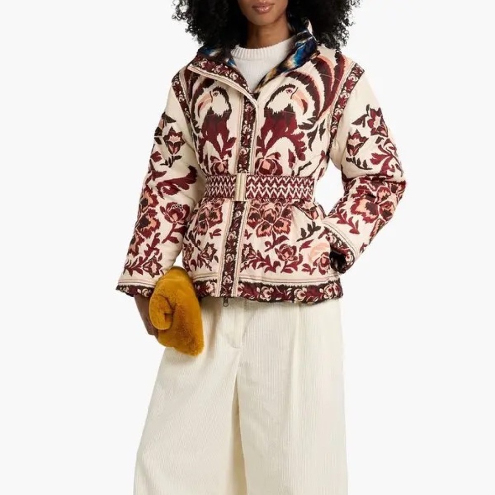 Farm Rio Toucans Reversible Puffer Jacket XS | Boho Tropical Print Convertible